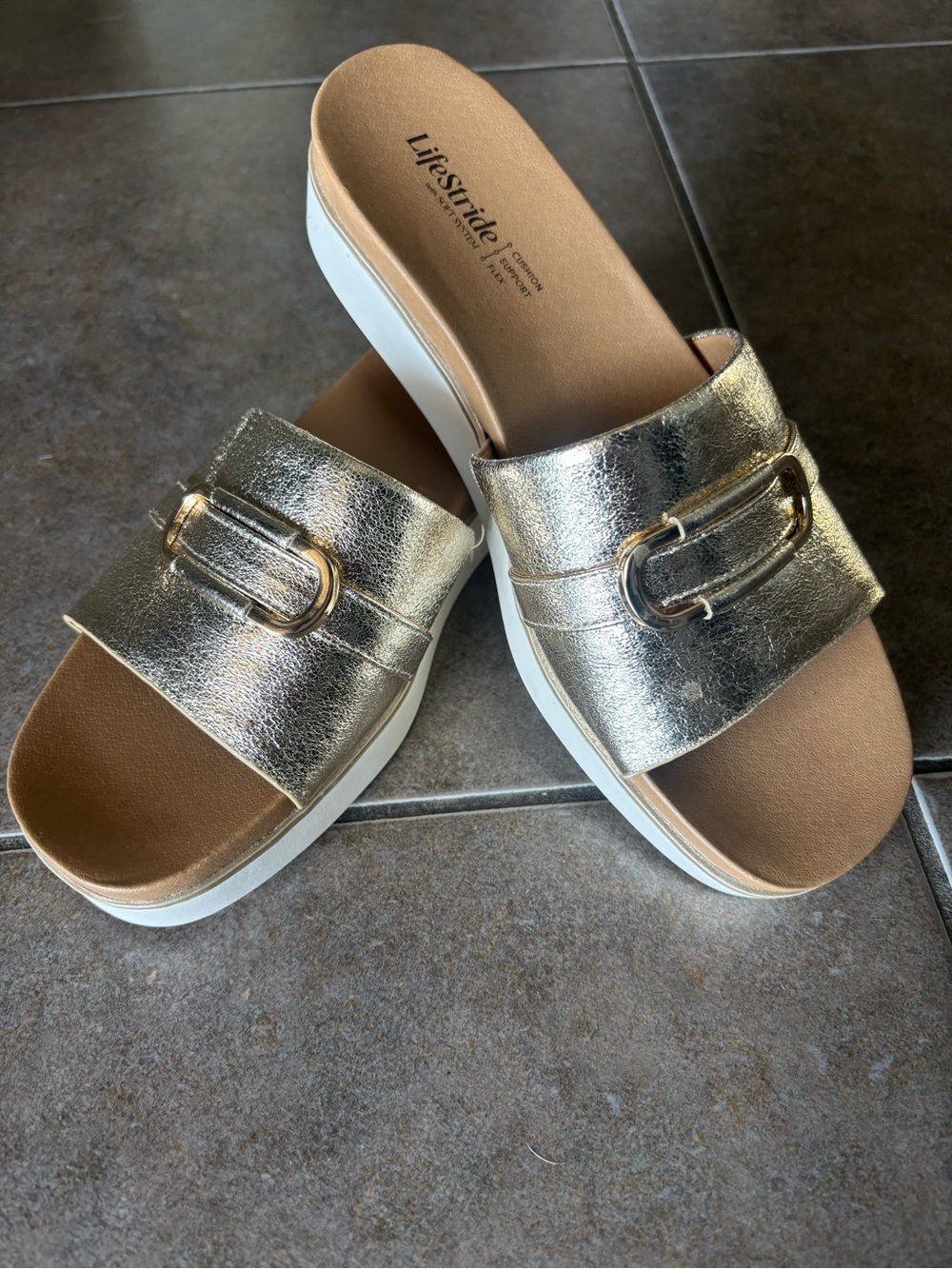 Life Stride Size 9 Metallic Gold Slide Mules with Buckle Accent